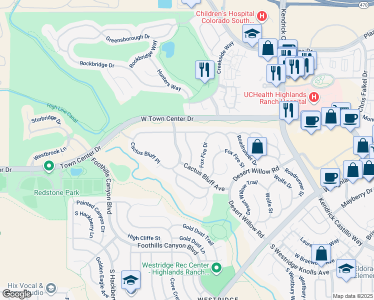 map of restaurants, bars, coffee shops, grocery stores, and more near 9205 South Ironwood Way in Highlands Ranch