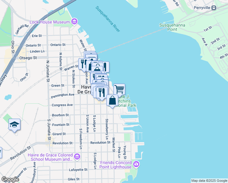 map of restaurants, bars, coffee shops, grocery stores, and more near 200 Pointe Way in Havre de Grace