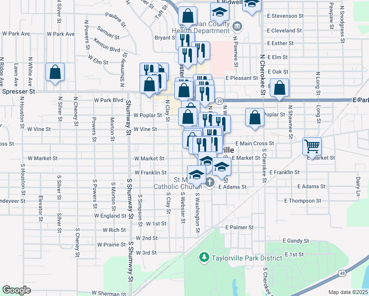 map of restaurants, bars, coffee shops, grocery stores, and more near 300 W Main Cross St in Taylorville