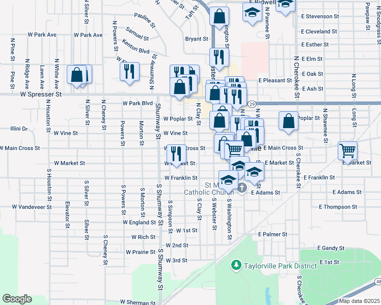 map of restaurants, bars, coffee shops, grocery stores, and more near 416 West Main Cross Street in Taylorville