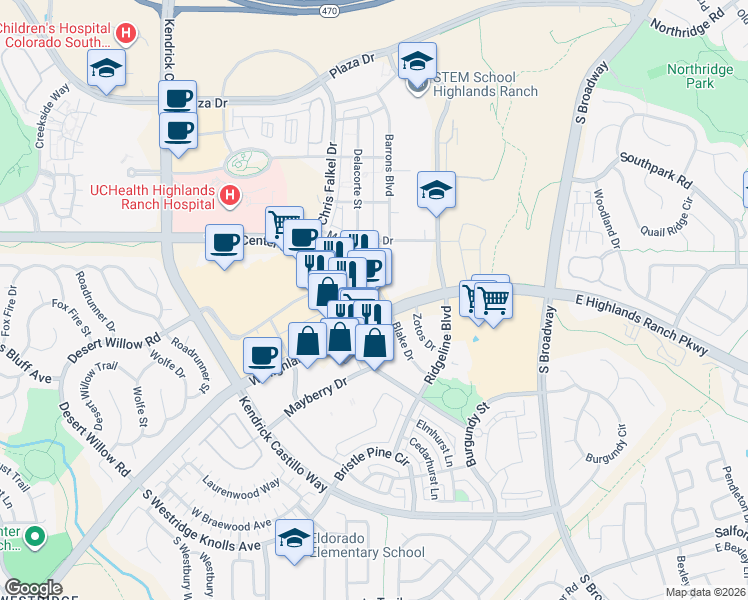 map of restaurants, bars, coffee shops, grocery stores, and more near 870 Cpl Max Donahue Lane in Highlands Ranch