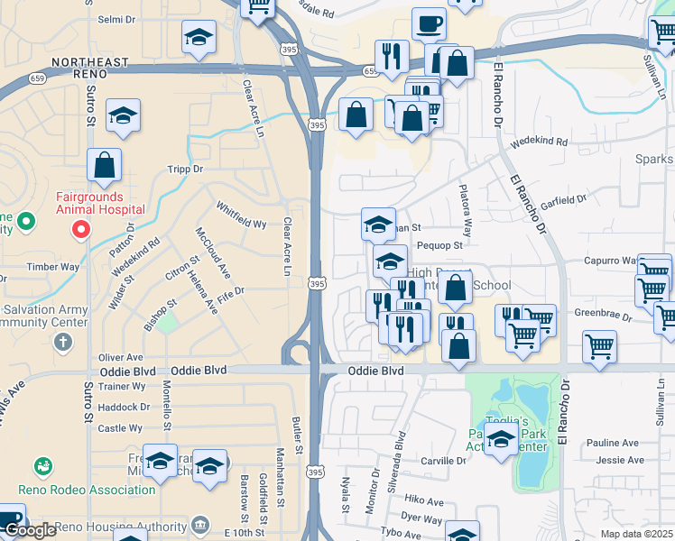 map of restaurants, bars, coffee shops, grocery stores, and more near 2045 Cannan Street in Reno
