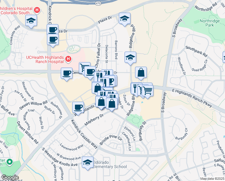 map of restaurants, bars, coffee shops, grocery stores, and more near 870 Cpl Max Donahue Lane in Highlands Ranch