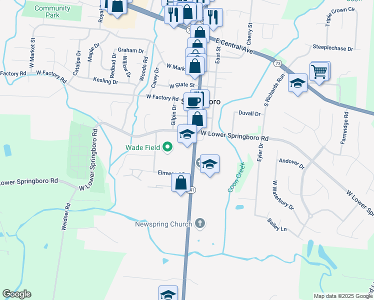 map of restaurants, bars, coffee shops, grocery stores, and more near 705 South Main Street in Springboro