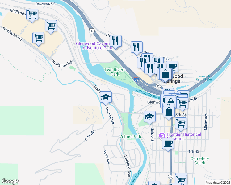 map of restaurants, bars, coffee shops, grocery stores, and more near 673 Overlin Drive in Glenwood Springs