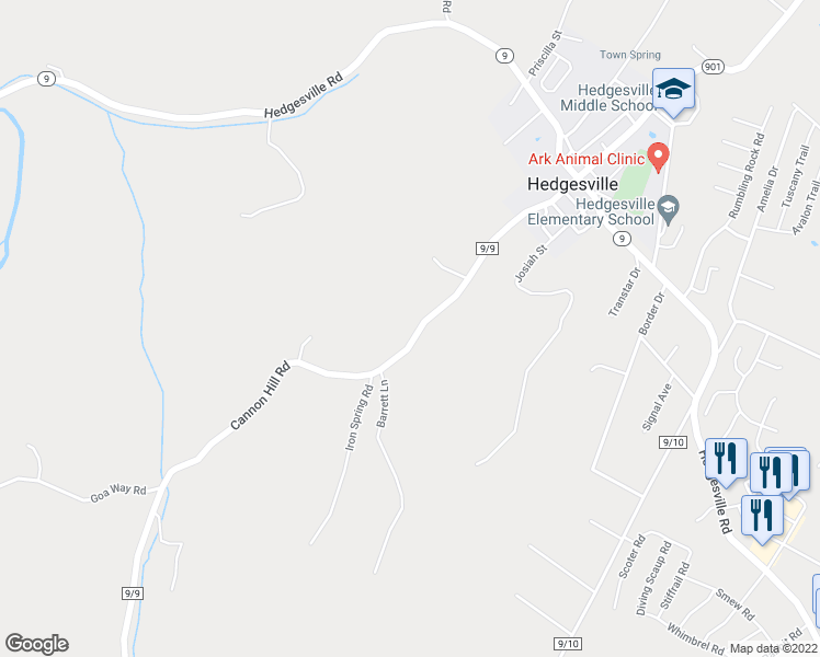 map of restaurants, bars, coffee shops, grocery stores, and more near 3381 County Route 9/9 in Hedgesville