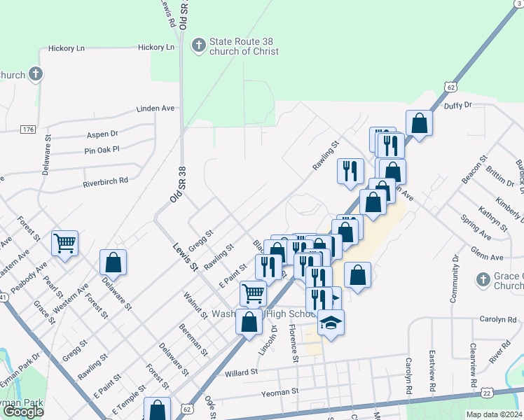 map of restaurants, bars, coffee shops, grocery stores, and more near 1242 Rawling Street in Bainbridge