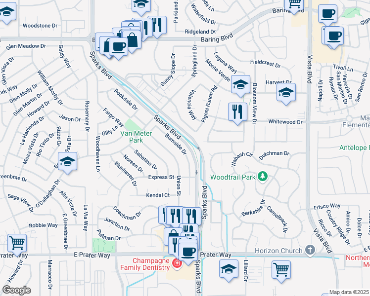 map of restaurants, bars, coffee shops, grocery stores, and more near 1860 Burnside Drive in Sparks