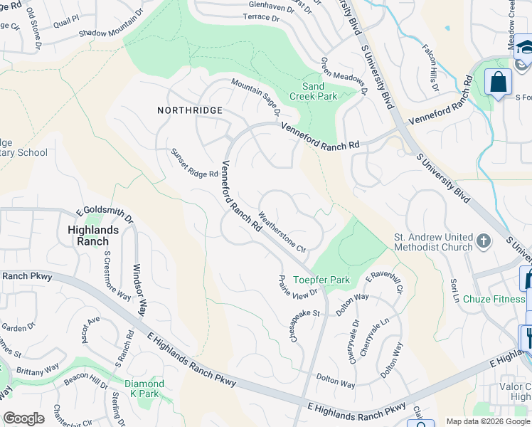 map of restaurants, bars, coffee shops, grocery stores, and more near 2112 Weatherstone Circle in Littleton