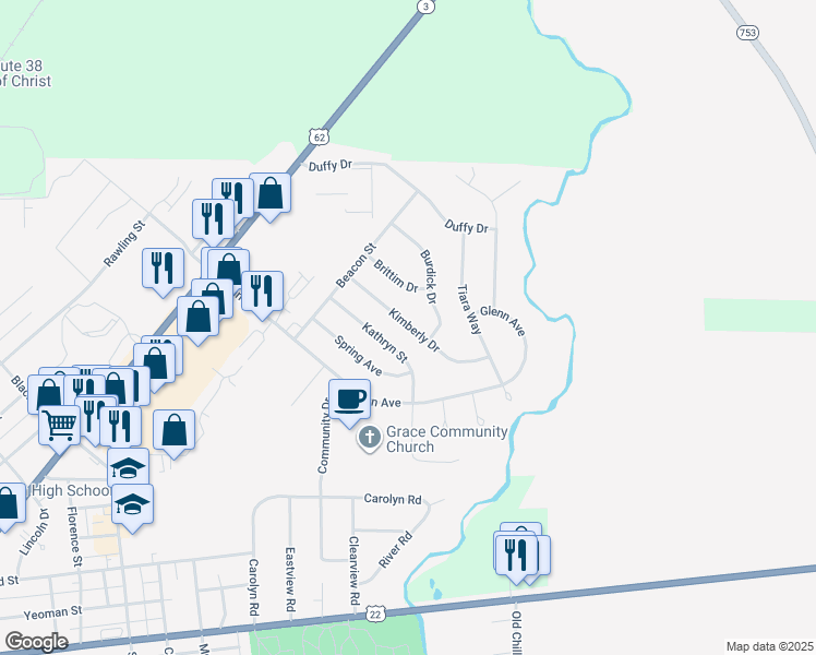 map of restaurants, bars, coffee shops, grocery stores, and more near 625 Kimberly Drive in Washington Court House