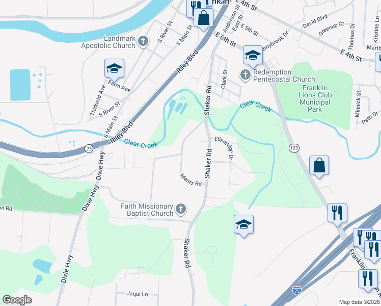 map of restaurants, bars, coffee shops, grocery stores, and more near 7308 Mentz Road in Franklin