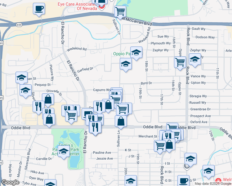 map of restaurants, bars, coffee shops, grocery stores, and more near 2105 Capurro Way in Sparks