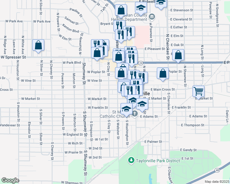 map of restaurants, bars, coffee shops, grocery stores, and more near 300 West Main Cross Street in Taylorville