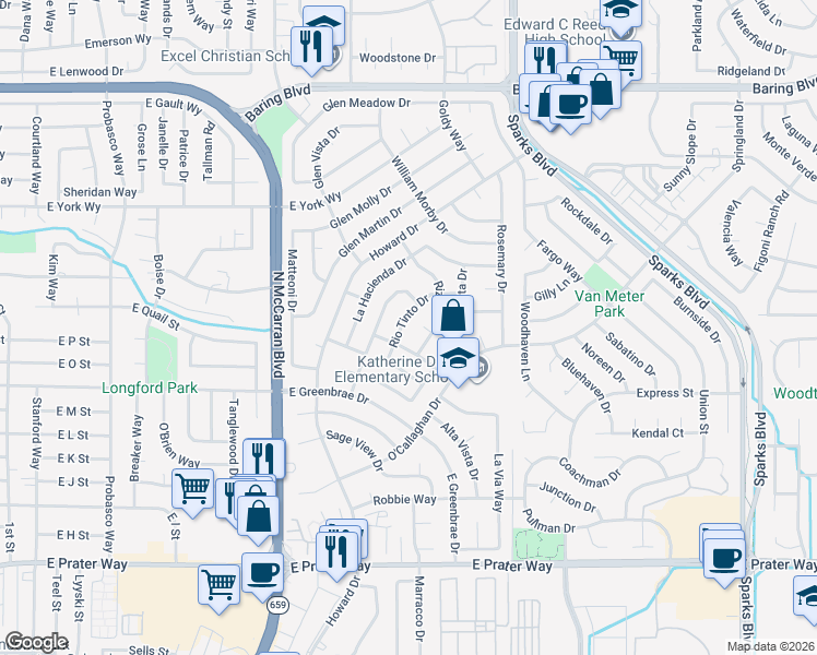 map of restaurants, bars, coffee shops, grocery stores, and more near 1884 Rio Tinto Drive in Sparks