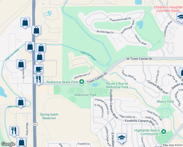 map of restaurants, bars, coffee shops, grocery stores, and more near 9205 Aspen Creek Point in Littleton