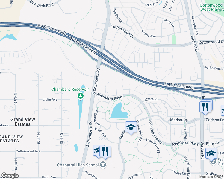 map of restaurants, bars, coffee shops, grocery stores, and more near 15720 Garden Plaza Drive in Parker