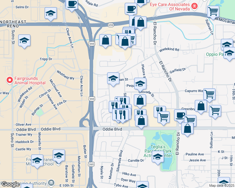 map of restaurants, bars, coffee shops, grocery stores, and more near in Reno