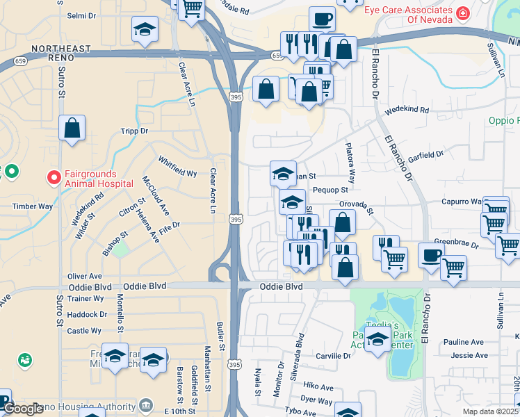 map of restaurants, bars, coffee shops, grocery stores, and more near 2045 Cannan Street in Reno