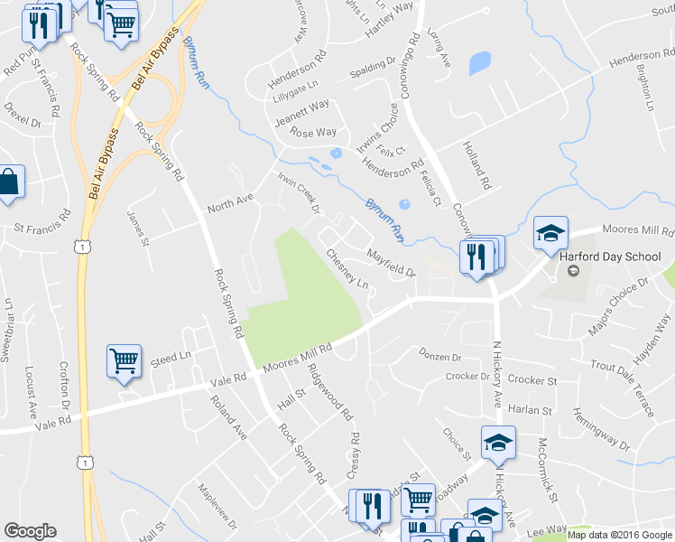 map of restaurants, bars, coffee shops, grocery stores, and more near 928 Chesney Lane in Bel Air