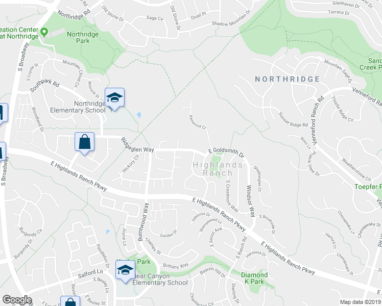 map of restaurants, bars, coffee shops, grocery stores, and more near 1270 Ridgeglen Way in Littleton