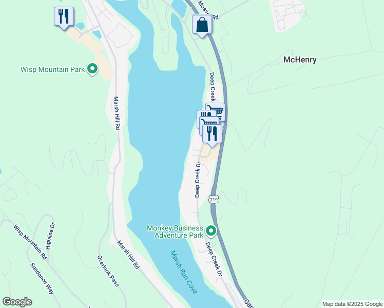 map of restaurants, bars, coffee shops, grocery stores, and more near 38 Lakeside Village Lane in McHenry