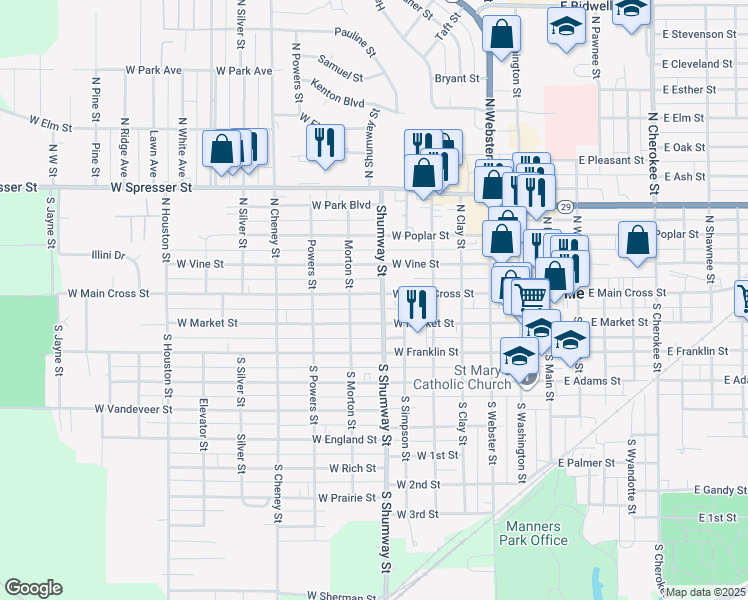 map of restaurants, bars, coffee shops, grocery stores, and more near 704 West Main Cross Street in Taylorville