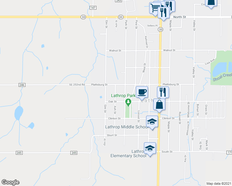 map of restaurants, bars, coffee shops, grocery stores, and more near 407 Ash Street in Lathrop