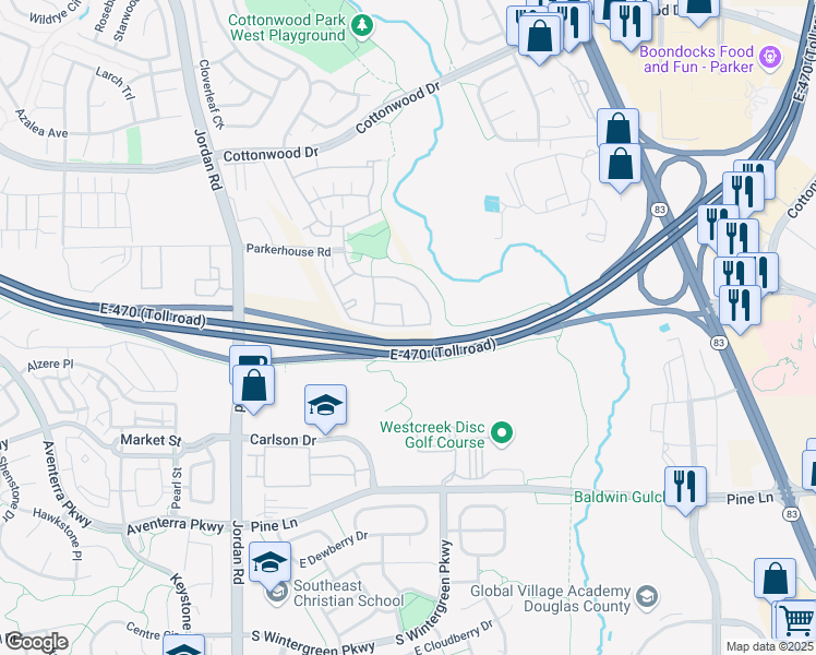 map of restaurants, bars, coffee shops, grocery stores, and more near g11 Wilde Avenue in Parker