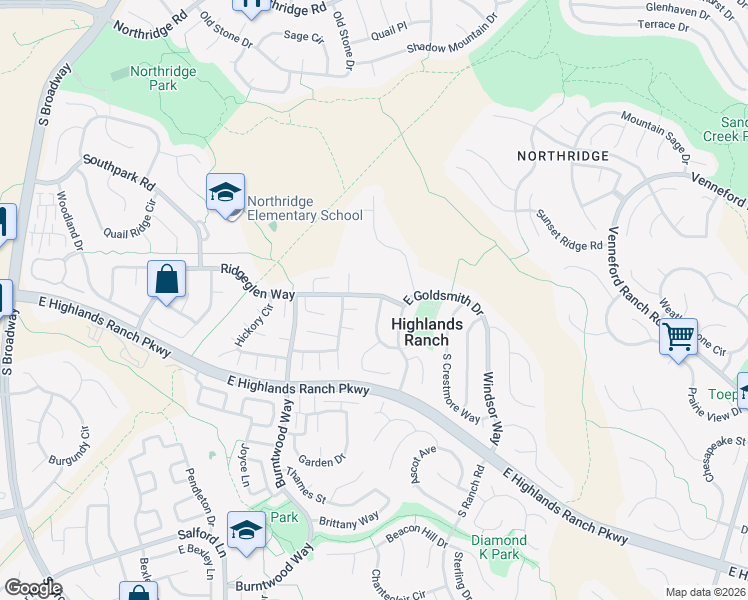 map of restaurants, bars, coffee shops, grocery stores, and more near 1270 Ridgeglen Way in Littleton