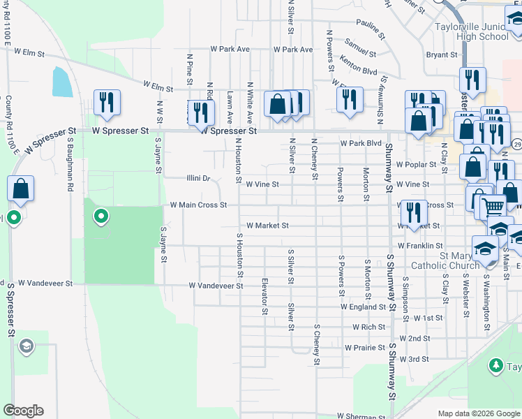 map of restaurants, bars, coffee shops, grocery stores, and more near 1220 West Main Cross Street in Taylorville