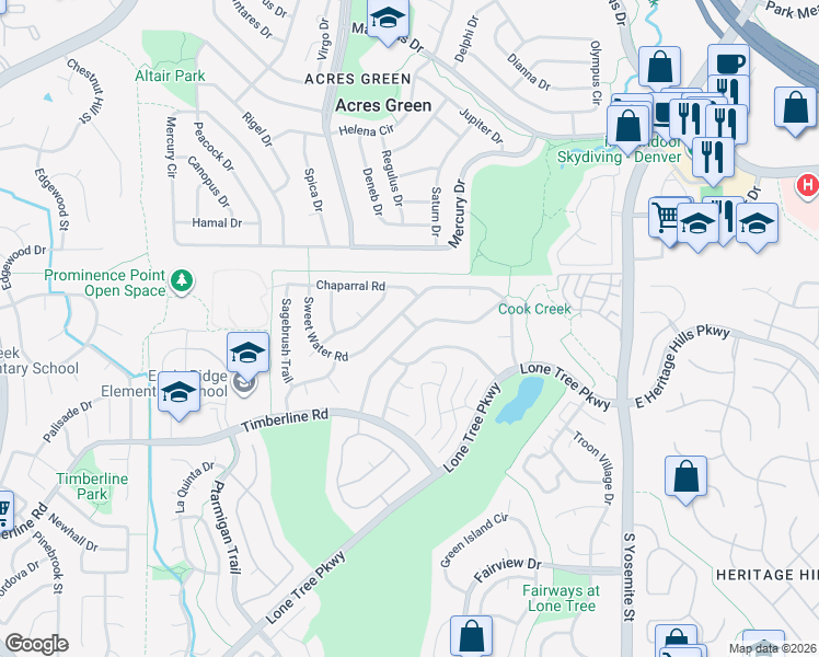 map of restaurants, bars, coffee shops, grocery stores, and more near 8174 Lodgepole Trail in Lone Tree