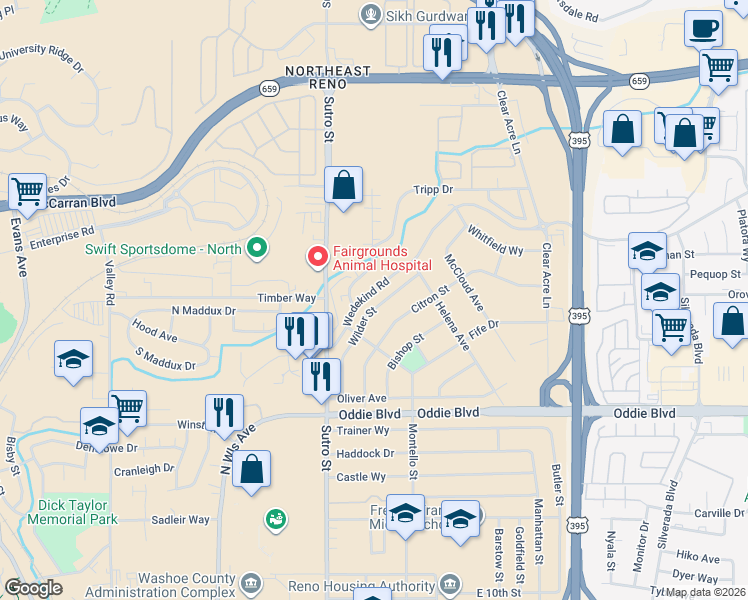 map of restaurants, bars, coffee shops, grocery stores, and more near 1950 Wilder Street in Reno