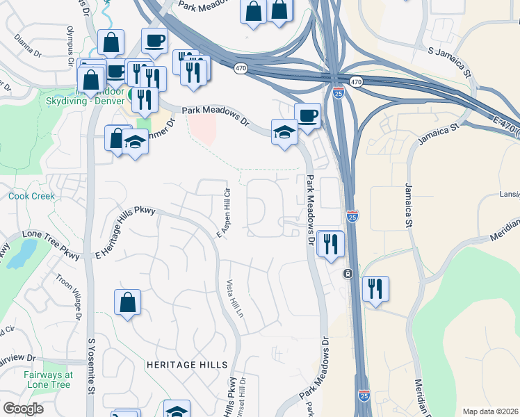 map of restaurants, bars, coffee shops, grocery stores, and more near 10200 Park Meadows Drive in Littleton
