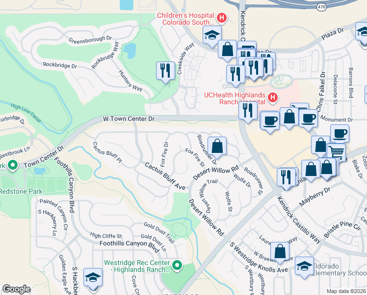 map of restaurants, bars, coffee shops, grocery stores, and more near 9198 Fox Fire Way in Littleton