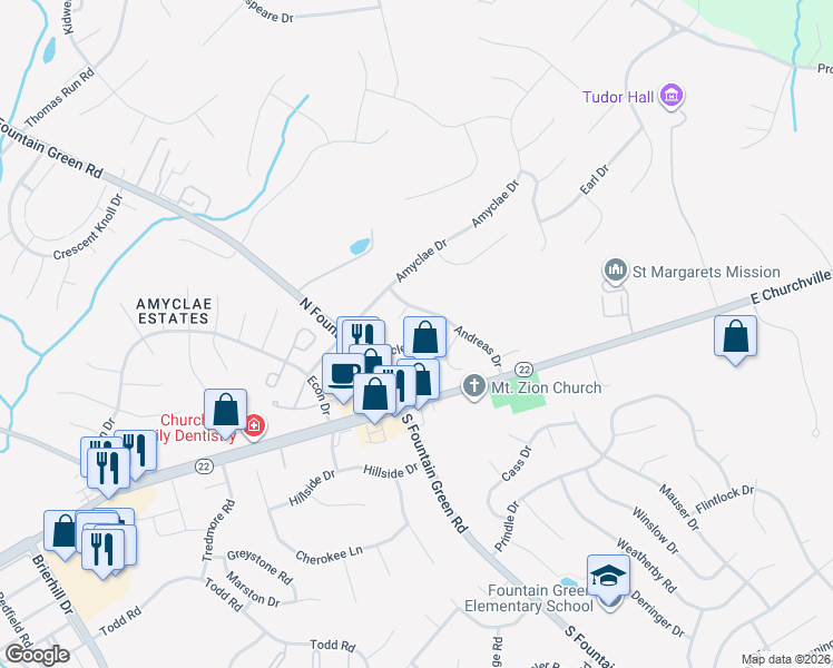 map of restaurants, bars, coffee shops, grocery stores, and more near 1117 Pericles Drive in Bel Air
