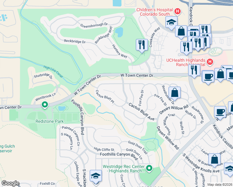 map of restaurants, bars, coffee shops, grocery stores, and more near 2521 Cactus Bluff Place in Littleton