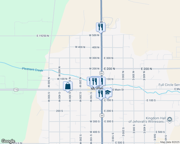 map of restaurants, bars, coffee shops, grocery stores, and more near 165 North 100 West in Mount Pleasant
