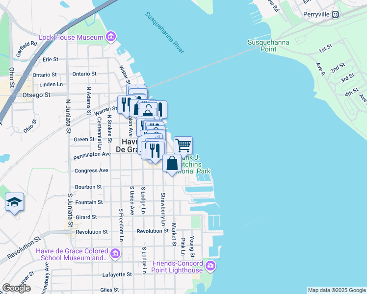 map of restaurants, bars, coffee shops, grocery stores, and more near 207B Pointe Way in Havre de Grace