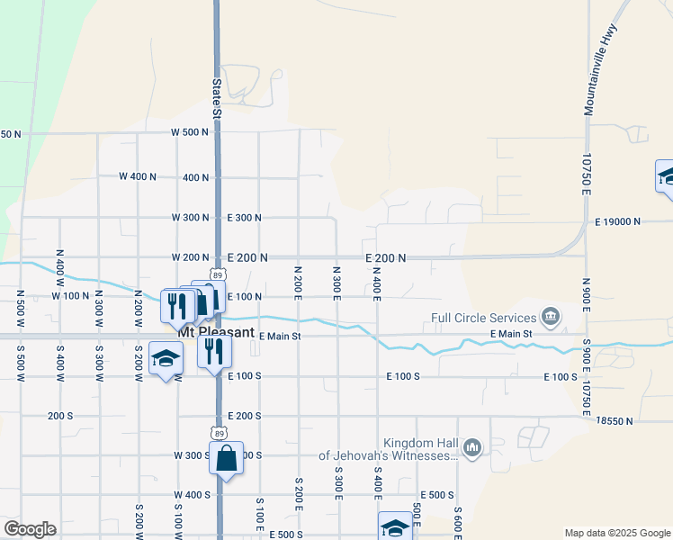 map of restaurants, bars, coffee shops, grocery stores, and more near 167 North 300 East in Mount Pleasant