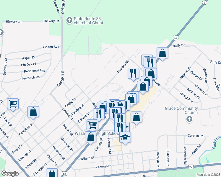map of restaurants, bars, coffee shops, grocery stores, and more near 1450 Columbus Avenue in Washington Court House