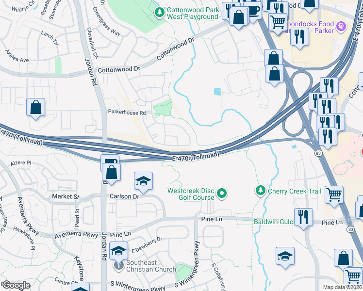 map of restaurants, bars, coffee shops, grocery stores, and more near g11 Wilde Avenue in Parker