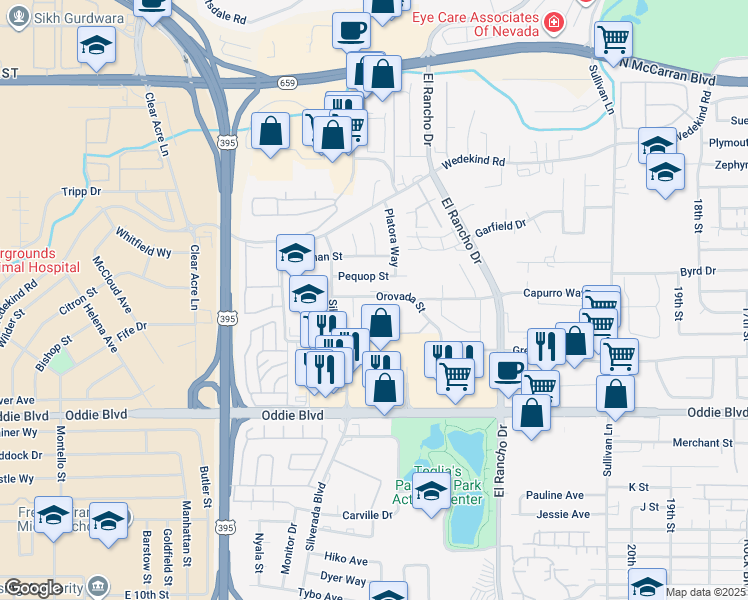 map of restaurants, bars, coffee shops, grocery stores, and more near 2455 Orovada Street in Sparks