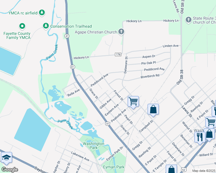 map of restaurants, bars, coffee shops, grocery stores, and more near 1318 Pearl Street in Washington Court House