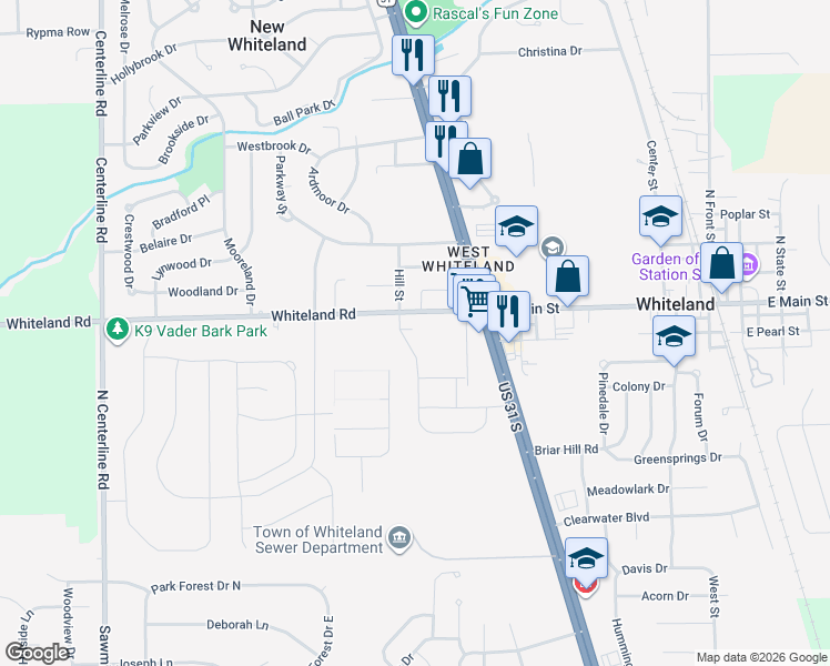 map of restaurants, bars, coffee shops, grocery stores, and more near 610 Whiteland Road in Whiteland