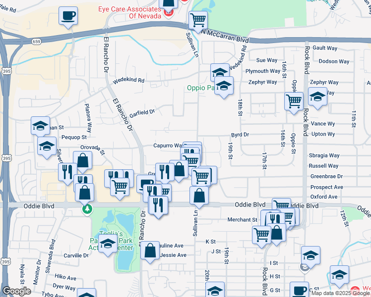 map of restaurants, bars, coffee shops, grocery stores, and more near 2165 Capurro Way in Sparks