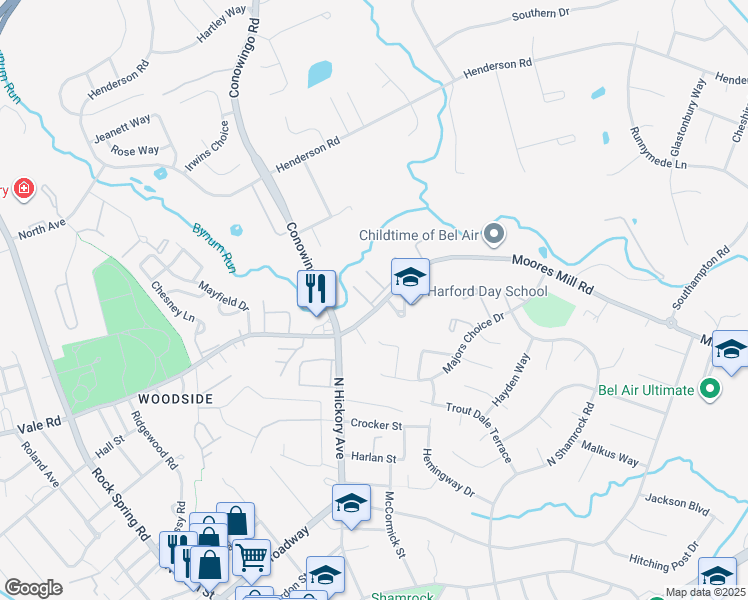 map of restaurants, bars, coffee shops, grocery stores, and more near 725 Heritage Lane in Bel Air