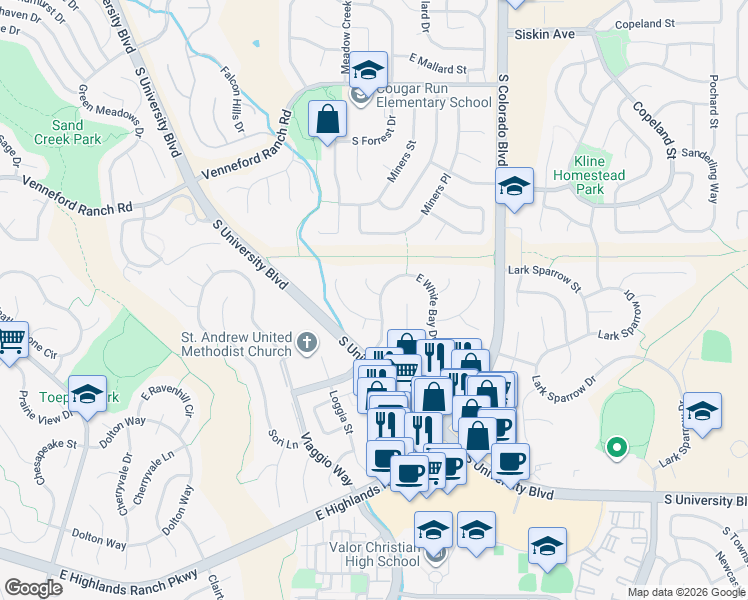 map of restaurants, bars, coffee shops, grocery stores, and more near 9163 Winrow Court in Highlands Ranch