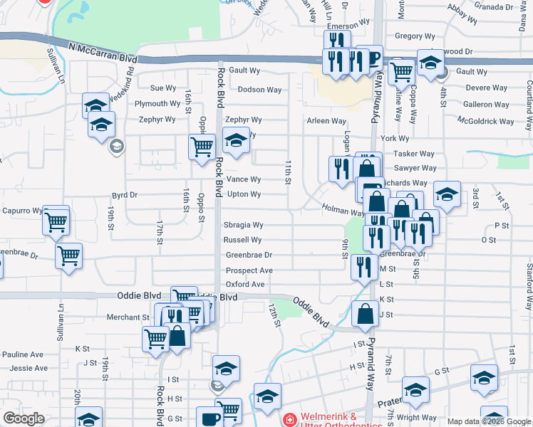 map of restaurants, bars, coffee shops, grocery stores, and more near 1116 Sbragia Way in Sparks