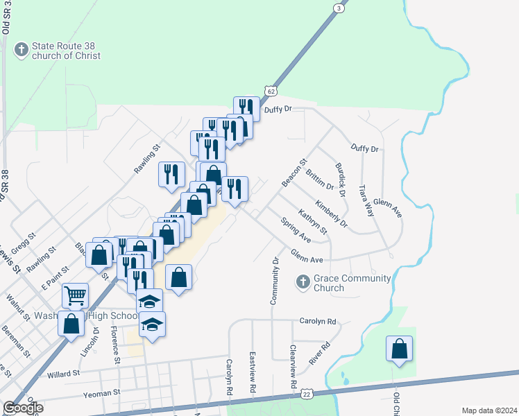 map of restaurants, bars, coffee shops, grocery stores, and more near 364 Glenn Avenue in Washington Court House