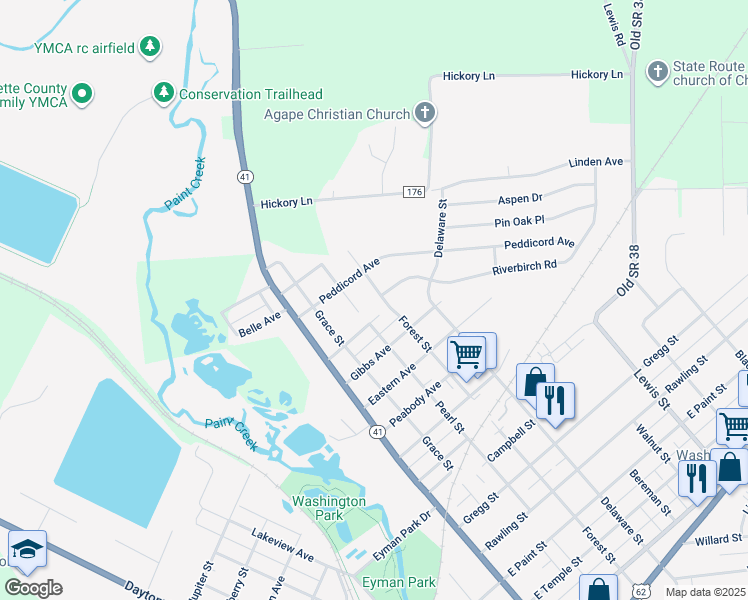 map of restaurants, bars, coffee shops, grocery stores, and more near 1318 Pearl Street in Washington Court House